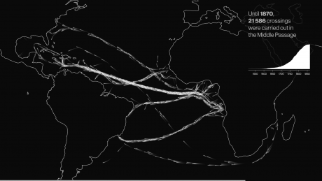 Screenshot of the visualisation that shows the paths of the ships that transported enslaved people across the Atlantic, over time.