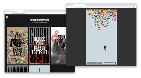 Screenshots of the developed online gallery presenting all the posters (left) and the interaction with the Loss of Diversity poster in an online environment (right).